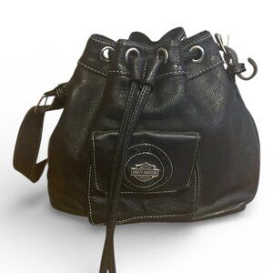 Harley-Davidson Vintage Black Leather Bucket Bag Bikercore Edgy Streetwear Moto‎